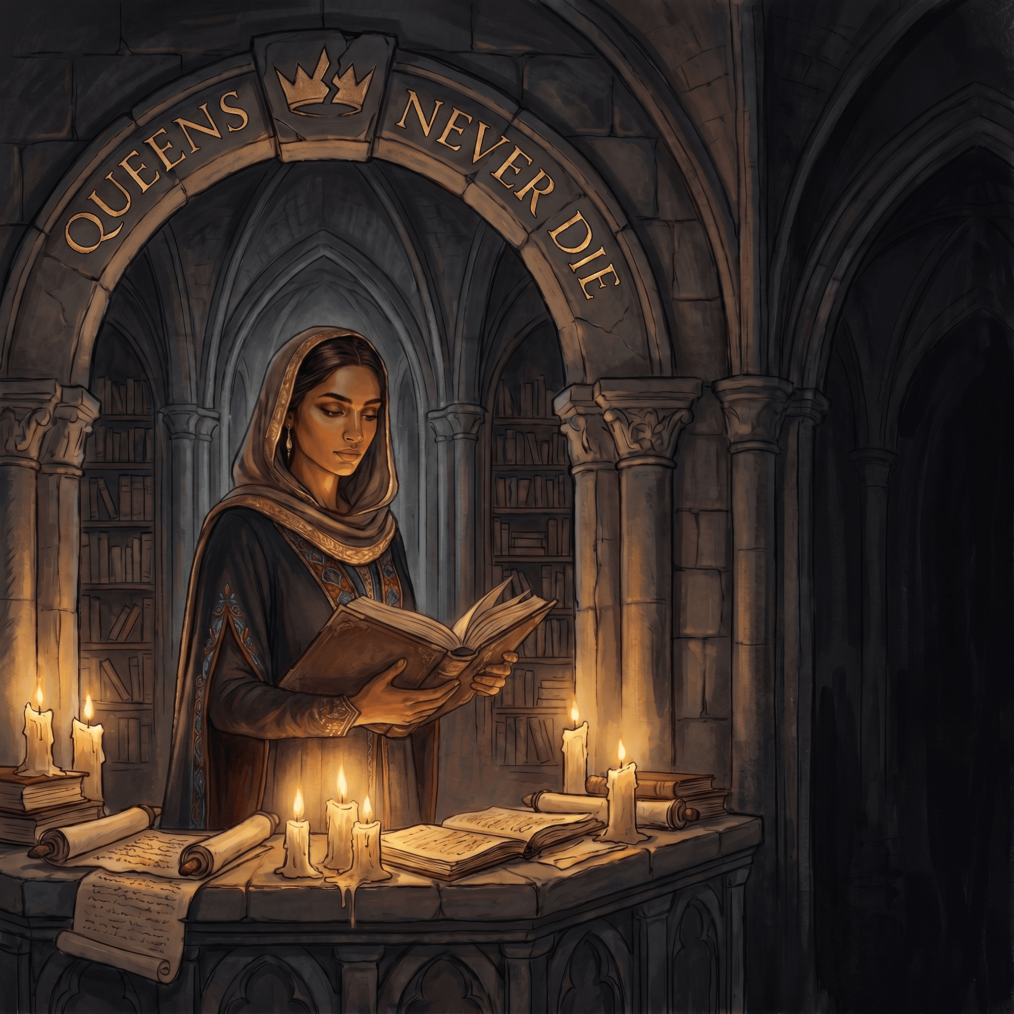 The Sovereign Archive — a mysterious archivist examining the books in a vast library
